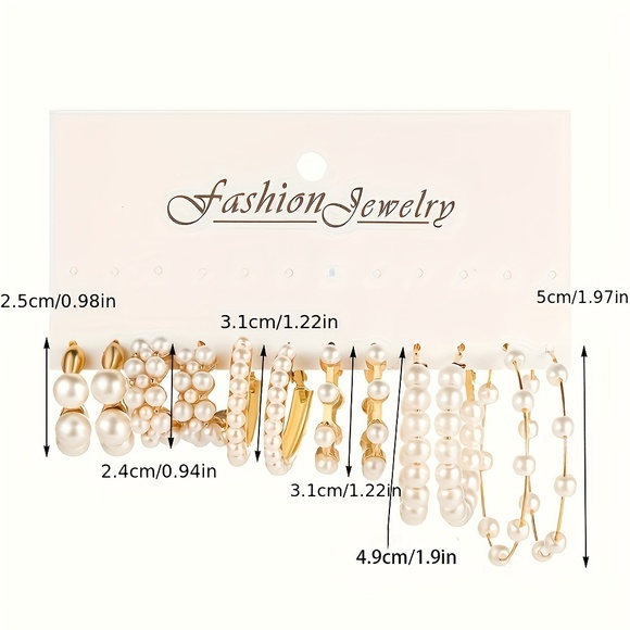 Pearl Radiance Collection: Elegant 6 Pairs Golden Hoop Earrings - Picture 4 of 6